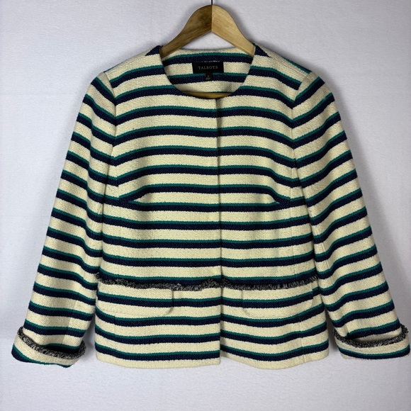 Talbots Cream Navy Cotton Blend Striped Blazer Jacket Nautical Preppy - Picture 1 of 8
